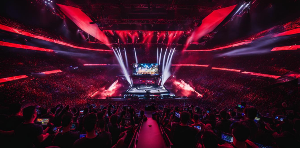 eSports tournament with players competing and audience watching on live stream.
