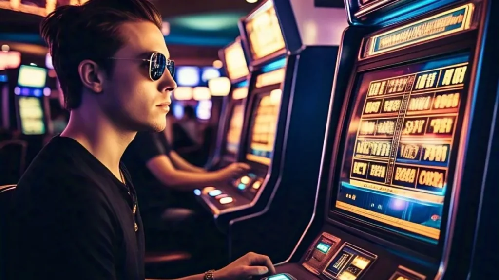 A person playing an online slot game with colorful symbols and a spinning reel