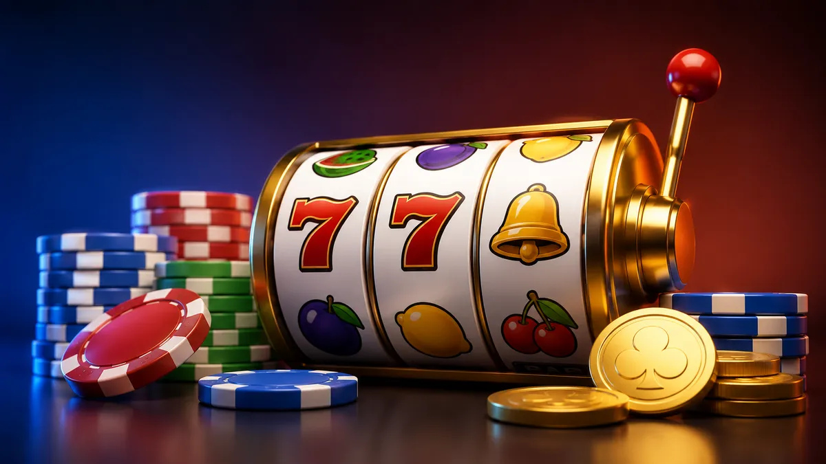 Slots Strategy: How RTP and Volatility Actually Work in Online Slots RTP and volatility concept illustration showing a slot machine with casino chips and coins, representing online slot payout percentages and risk levels.