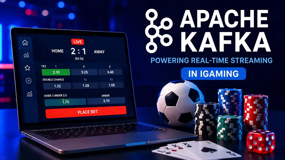 Apache Kafka in iGaming: Real-Time Streaming for Odds & Settlement Laptop displaying a live sports betting interface alongside casino chips, cards, and a soccer ball, representing Apache Kafka-powered real-time data streaming in iGaming platforms.