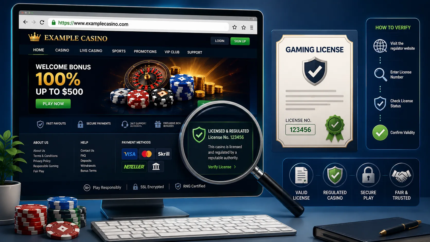 Casino license verification illustration showing a browser with a casino footer, license certificate, magnifying glass inspecting a license badge, shield, checkmark, and verification document.