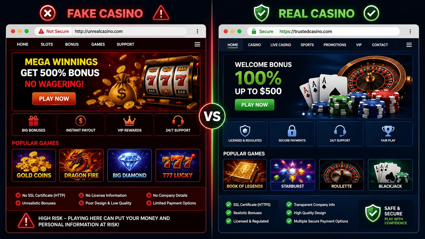 Side-by-side comparison of a fake online casino homepage and a legitimate online casino website highlighting security indicators, HTTPS, licensing, and common scam warning signs.