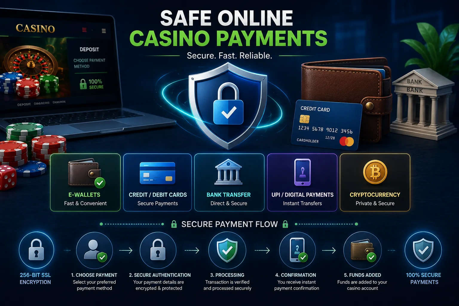 Safe online casino payment methods illustration showing a digital wallet, credit card, bank transfer, secure payment icons, shield, lock, and encrypted payment process.