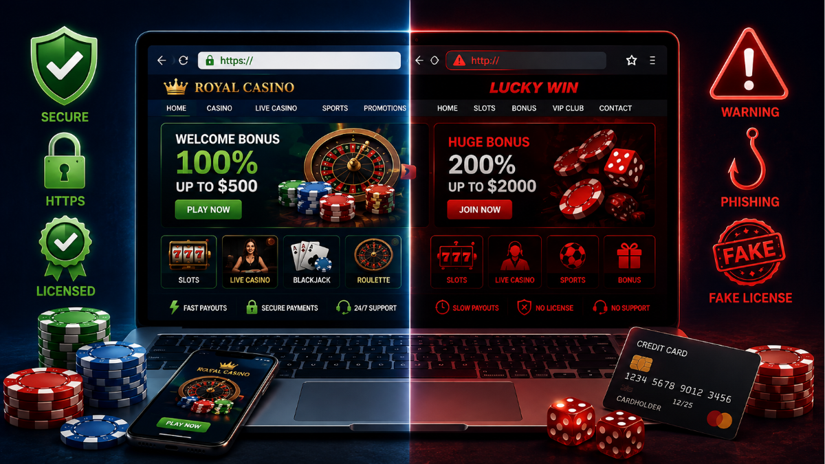 25 Red Flags of an Unsafe Online Casino: How to Spot a Scam Before You Deposit Unsafe online casino illustration showing a laptop with casino interface, security shield, warning icons, credit card, smartphone, poker chips, and dice to highlight common online gambling scam risks.