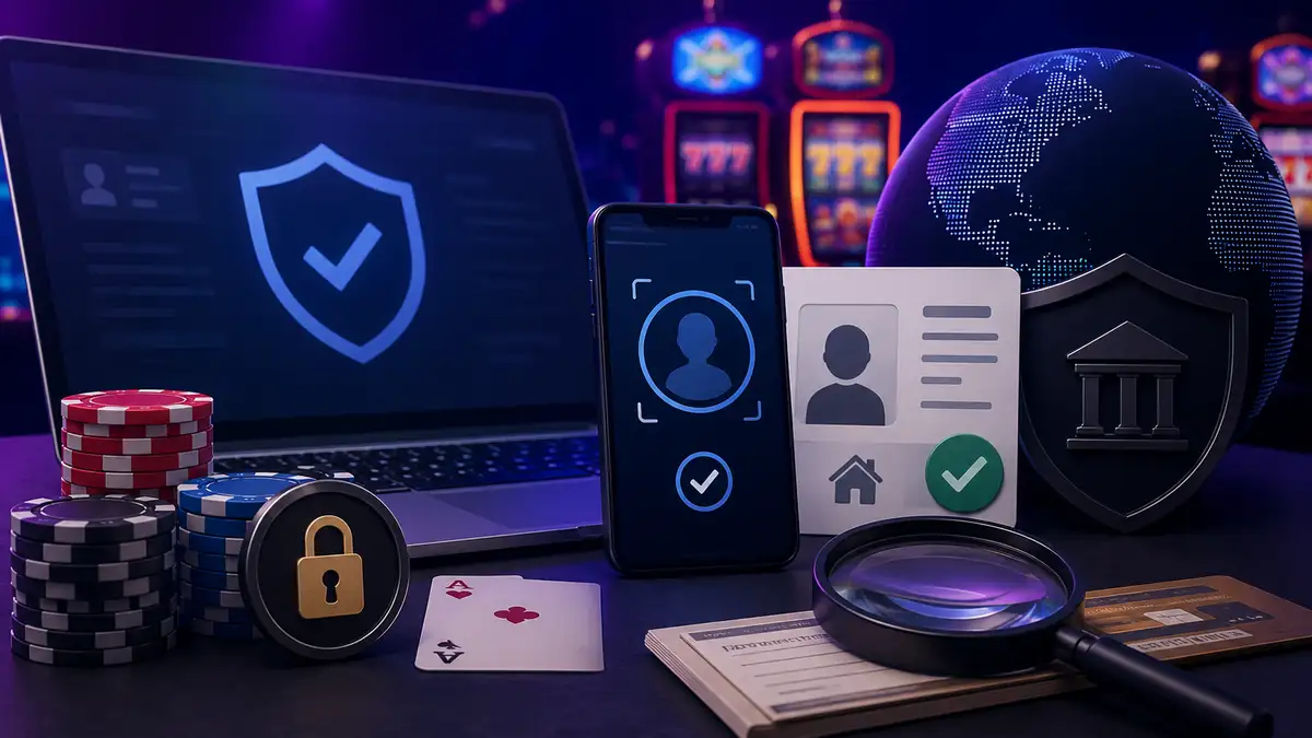 How KYC and AML Checks Work at Online Casinos KYC and AML checks at online casinos illustrated with identity verification, an ID card, security shields, casino chips, and transaction monitoring symbols